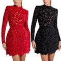 RNSHANGER Elegant Ladies Crocheted Solid High Neck Long Sleeve Embroidery Night Club Wear Back Zip Fashion Party Lace Mini