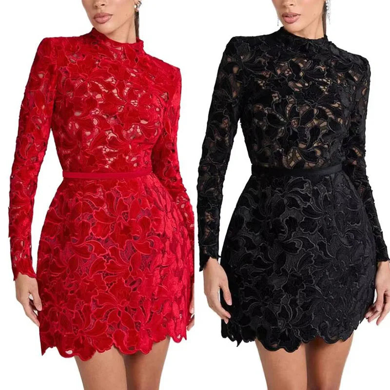 RNSHANGER Elegant Ladies Crocheted Solid High Neck Long Sleeve Embroidery Night Club Wear Back Zip Fashion Party Lace Mini