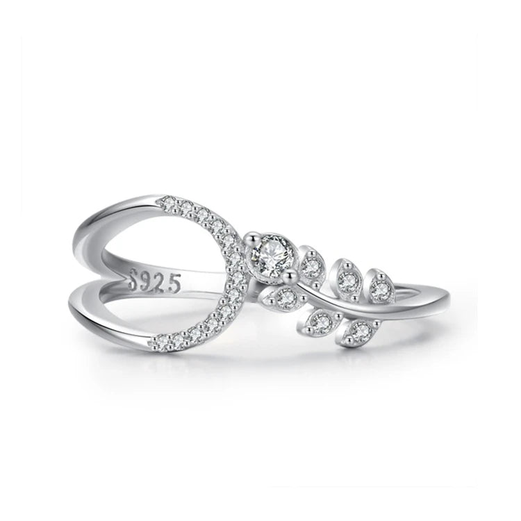 New Trendy 925 Sterling Silver Simple Trendy CZ Diamond Zircons Leaf Shape Rings for Women