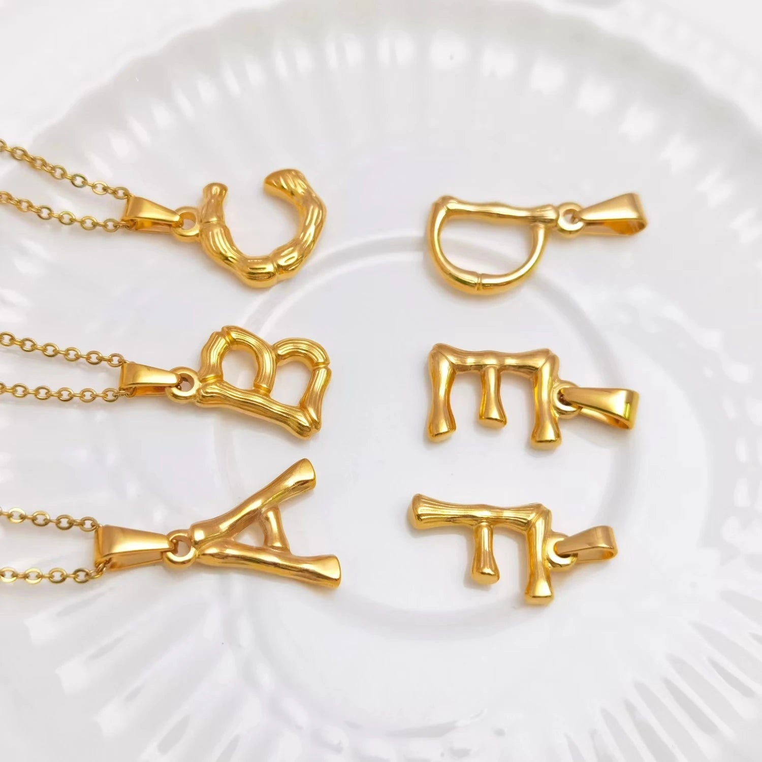 Factory Wholesale Letter a Bamboo Necklace 26 Initial Alphabet Pendant Charm diy 18k Gold Plated Stainless Steel Bulk Order