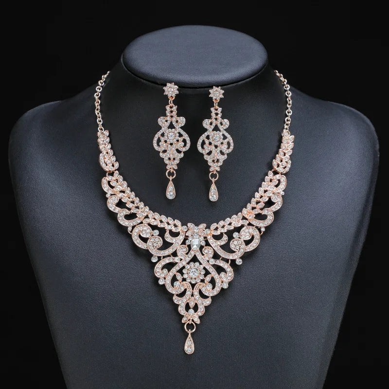 ZC022 Fashion Rhinestones Jewelry Set Women Gold Plated Necklace Earrings Set
