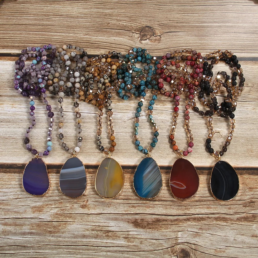 New Fashion Bohemian 6mm Natural Stone Crystal Glass Mixed Knot Necklace Striped Agate Drop Pendant Necklace Sweater Chain