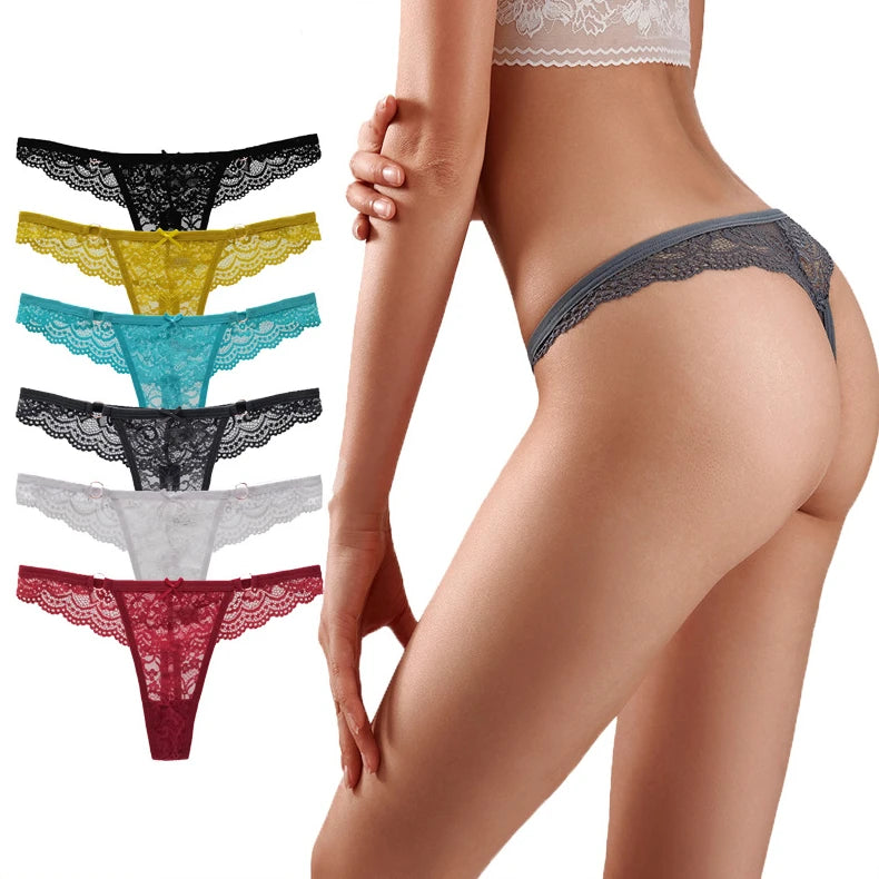 Womens Sexy Appeal Low Waist Lace Seamless Underwear T-Back Thongs Panty with Solid Pattern Knitted Weaving Technique Plain Dyed