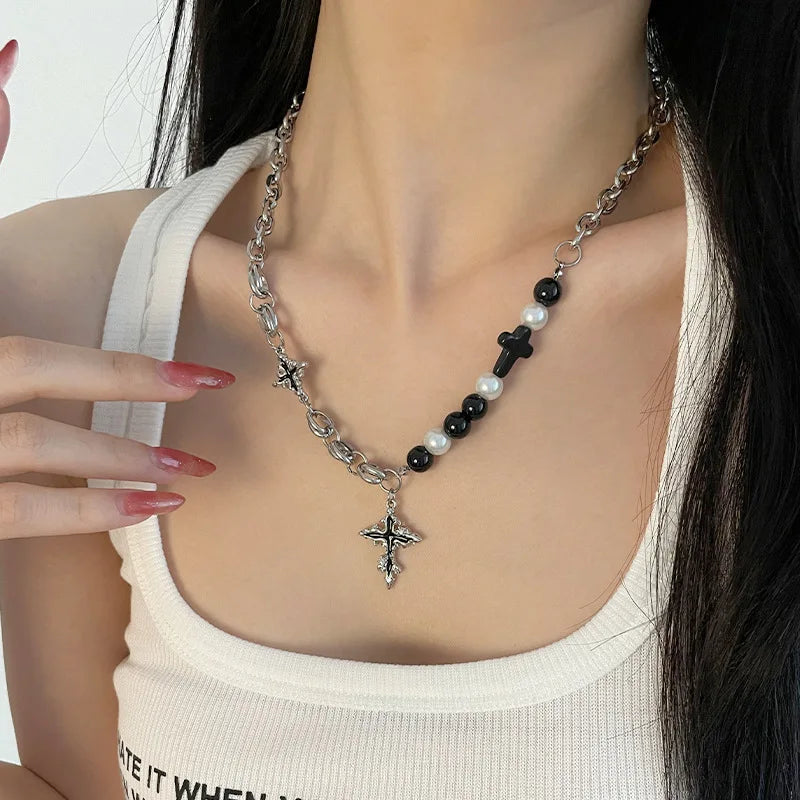 Hip Hop Retro Black Cross Necklace Beaded Pearl Pendant Punk Sweet Cool Clavicle Chain for Women for Wedding Anniversary Jewelry