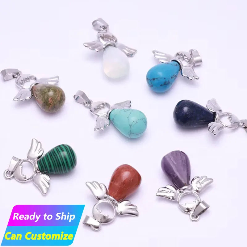 Wholesale Natural Carved Gemstone Healing Stone Necklace Charm for Women With Custom Cute Fairy Quartz Angel Crystal Pendant