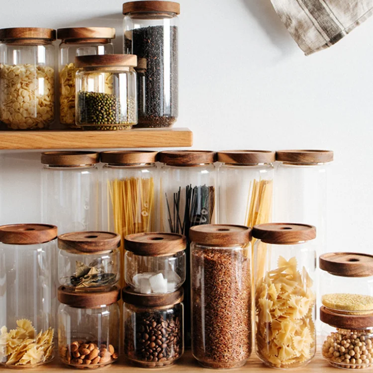 Lead Free Borosilicate Glass Storage Jar Acacia Wood Lid Airtight Reusable Eco-Friendly Microwavable BPA-Free Stackable Kitchen