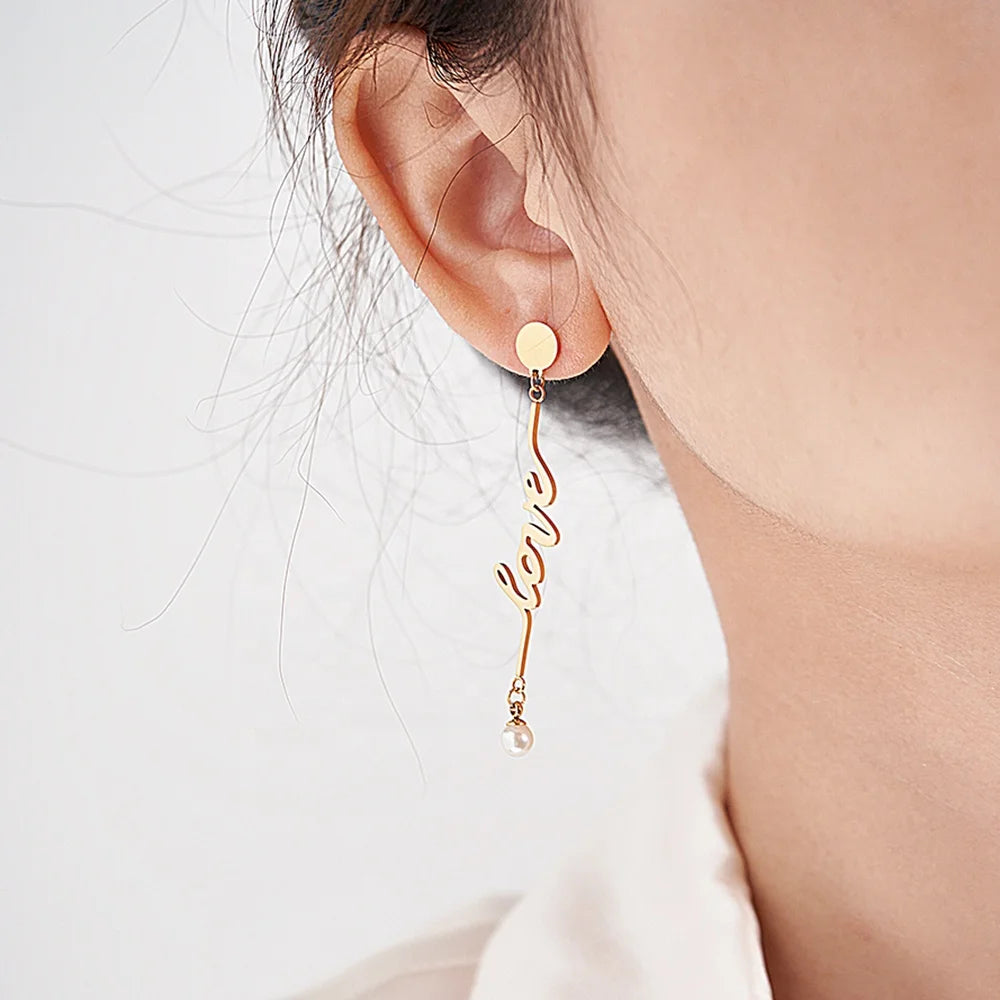 Hypoallergenic PVD 18K Gold Plated Stainless Steel LOVE Letter Pearl Drop Stud Earrings for Women Fashion Jewelry E231507