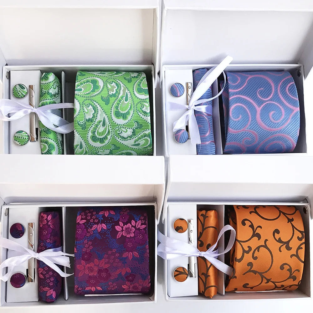 Paisley Floral Necktie Luxury Silk Men Tie Set Pocket Square Cufflinks Clip Pin Necktie Set in Gift Box Party Wedding Neck Ties