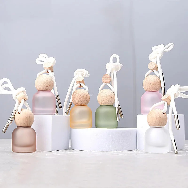 10ml Car Perfume colored Bottle Air Freshener Diffuser Hanging Empty Glass Refillable Bottle for Auto Pendant with wooden Cap