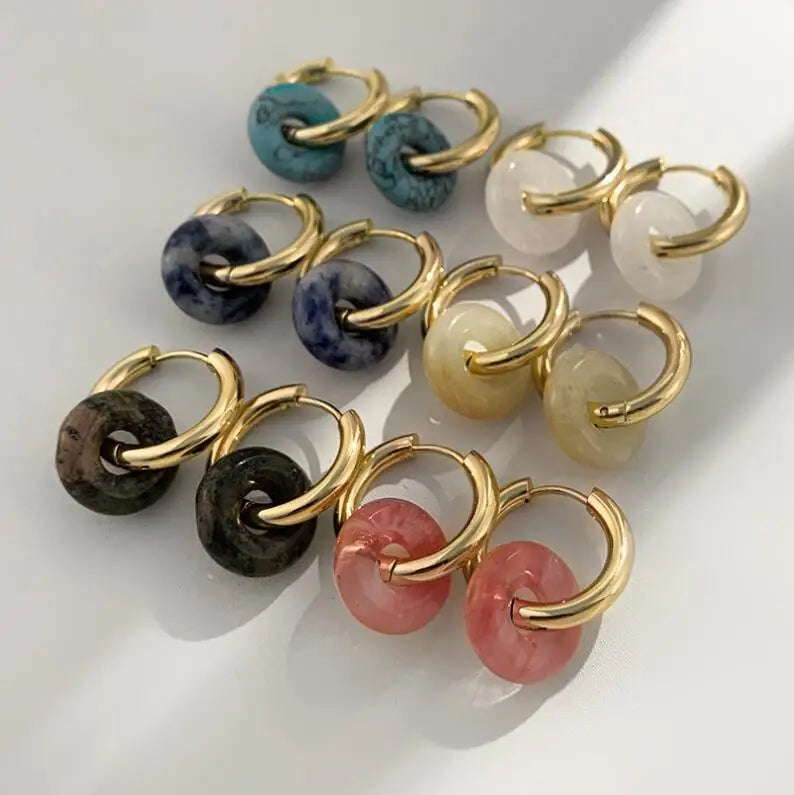 Jiatao Classic Style Natural Semi-Precious Stone Beads Stainless Steel Hoop Earrings with Circle Stone for Wedding Party Gift