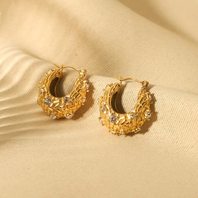 Vintage Non Tarnish Gold Plated Stainless Steel Hoop Earrings Hollow U Zircon Chunky Huggie Earrings Boucle Doreille Bijoux