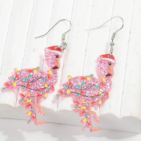 New Korean Jewelry Cute pink Flamingos Romantic Glitter Santa Hat Colored Lights Sweet Girl Acrylic Drop Earrings Gift Christmas