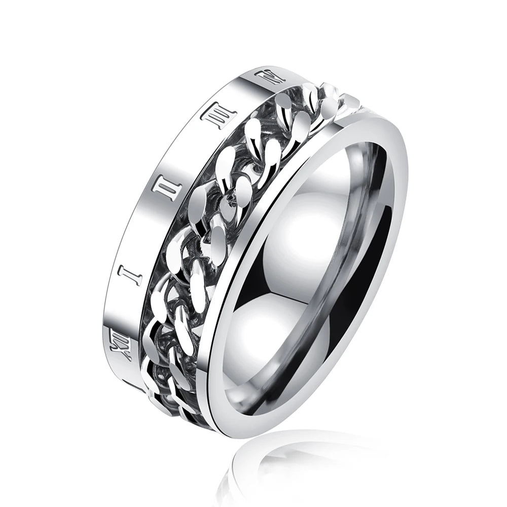 Custom Jewelry Man's Roman Numbers Engraved Titanium Stainless Steel Chain Spinner Rings