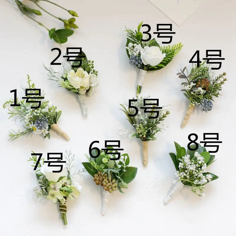 K34 Garden Style Ivory Rose Wrist Corsage Wristlet Band Bracelet and Men Boutonniere Set for White Wedding Flowers Accessories