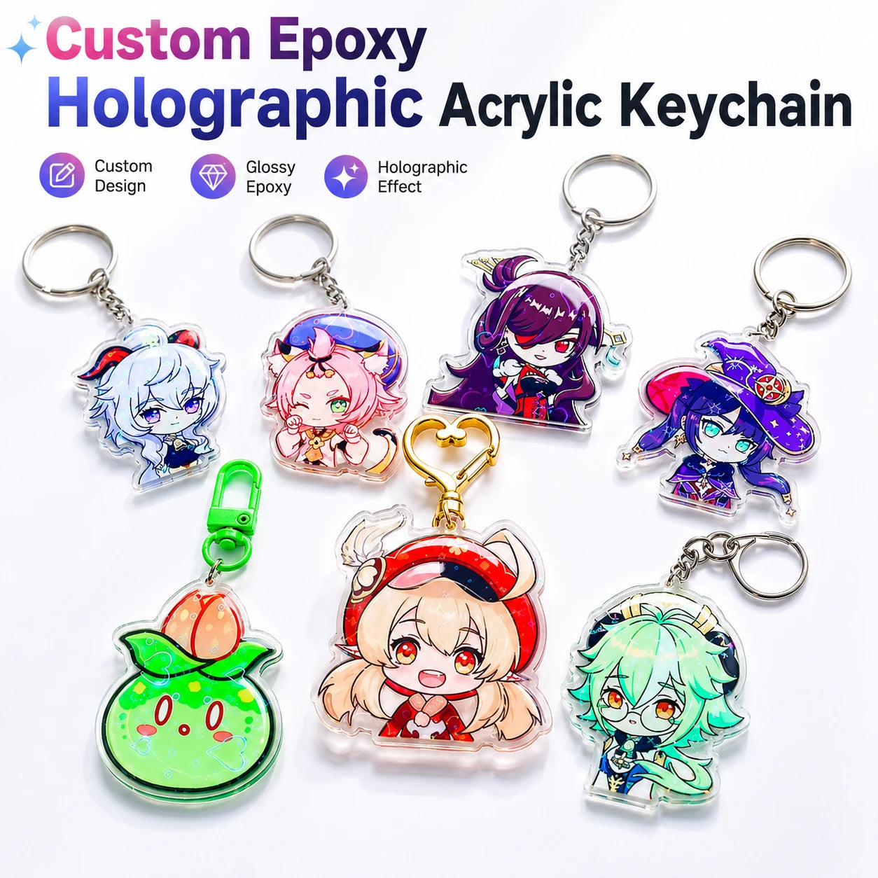 CNAWO High Quality Custom Epoxy Glitter Acrylic Keychain UV Printed Rainbow Holographic Anime Style Charms Plastic Material