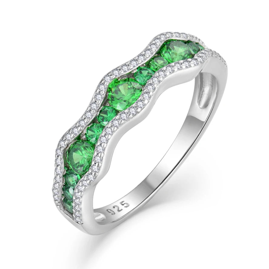 YILUN Rhodium Plated Wave Design Green CZ 925 Sterling Silver Eternity Wedding Band Ring for Women