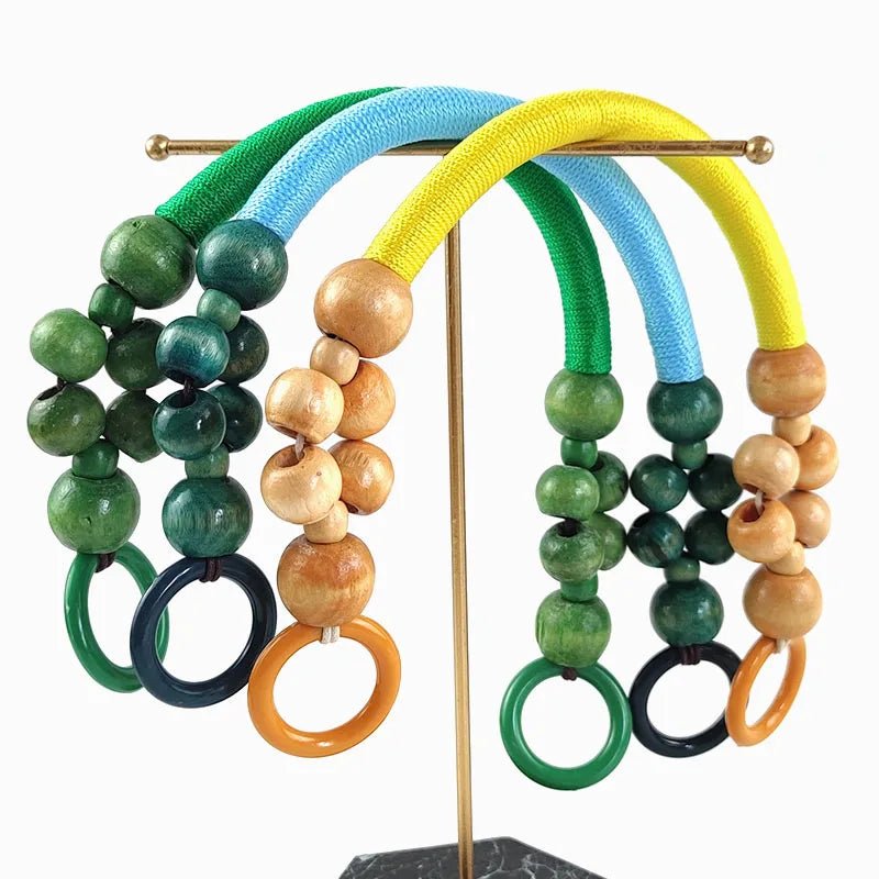 Deepeel BS441 Bag Parts Replacement Handles Handbag Accessories Nylon Cord Beaded DIY Woven Bags Wood Handle
