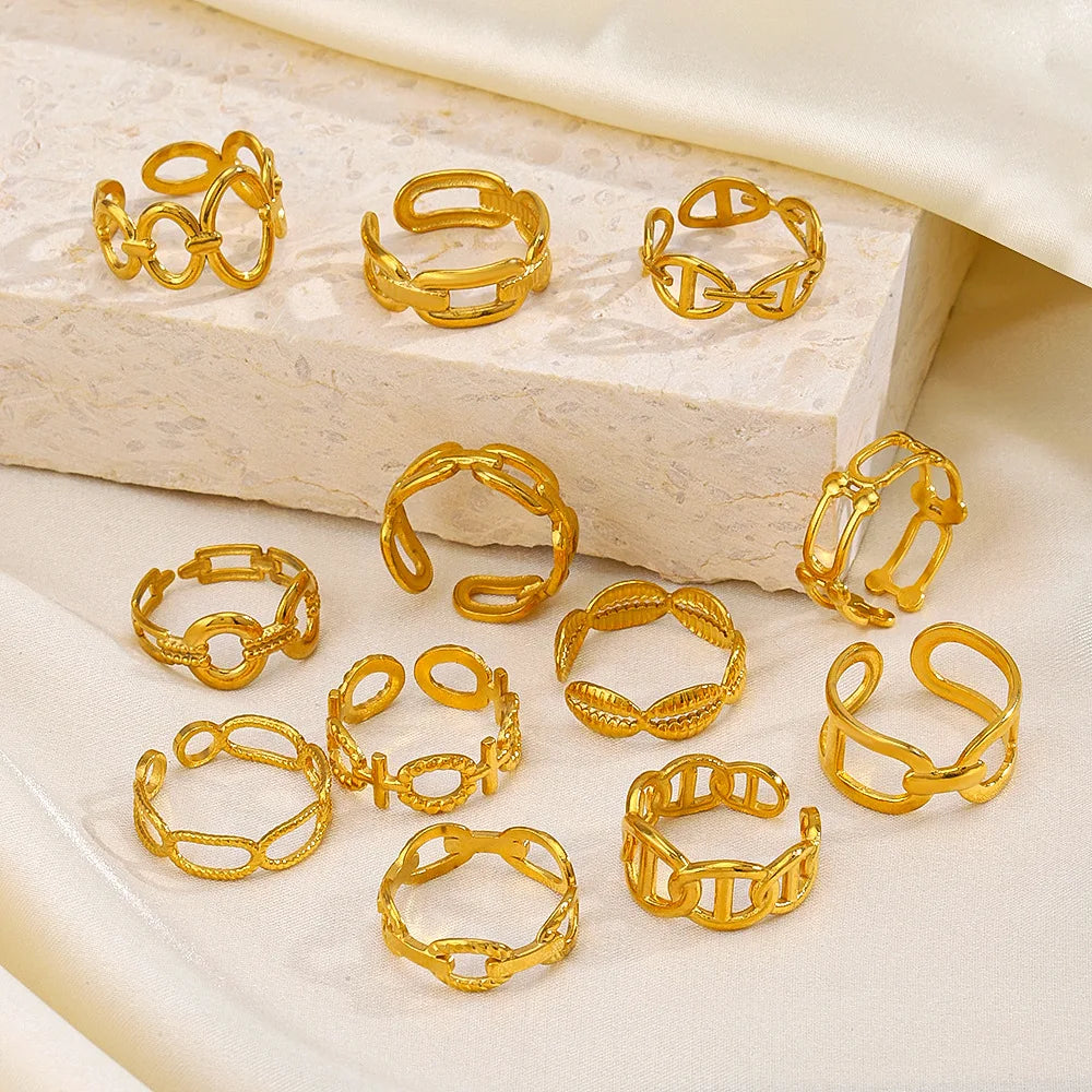 Customize High Quality Women 18k Gold Plated Ring Simple Cuban Chain Stainless Steel Open Ring Anillos De Acero Inoxidable