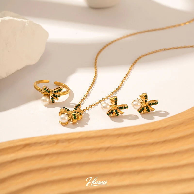 HOVANCI 18k Gold Plated Stainless Steel Bow Knot Green Cubic Zirconia Pearl Earring Necklace Ring Jewelry Sets