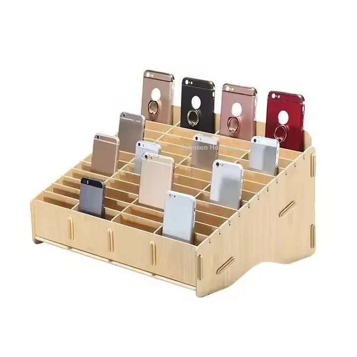 Sustainable Wooden Desktop Storage Box with Cell Phone Holder and Organizer Rack for Modern Home or Office