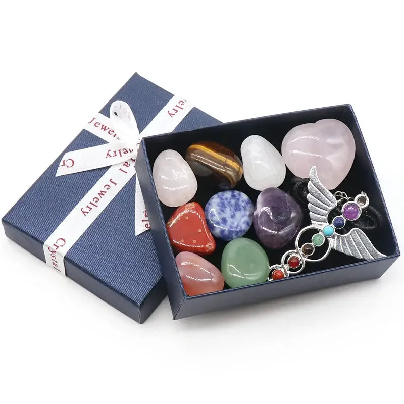 Irregular Natural Chakra Gemstone Heart Shape Rose Quartz Healing Crystal 7 Chakra Angel Pendant Necklace Gift Box