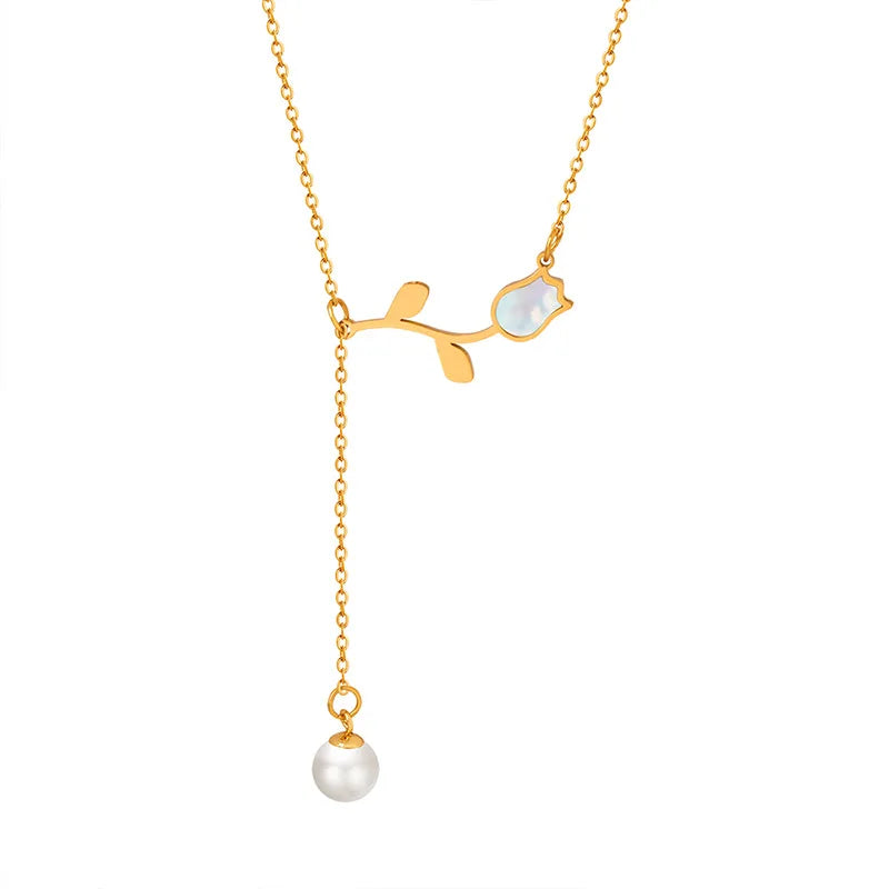 Elegant Gold Plated Cowrie Shell Tulip Flower Necklace Stainless Steel Flower Tassel Pearl Choker Necklace for Women