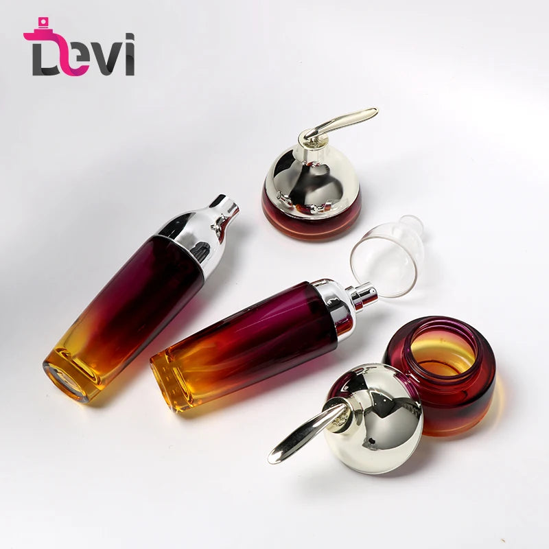 Devi Luxury Cosmetics Toner Lotion Red Serum Glass Bottles and Cream Jars Skincare Packaging with Hot Stamping and Pump Sprayer