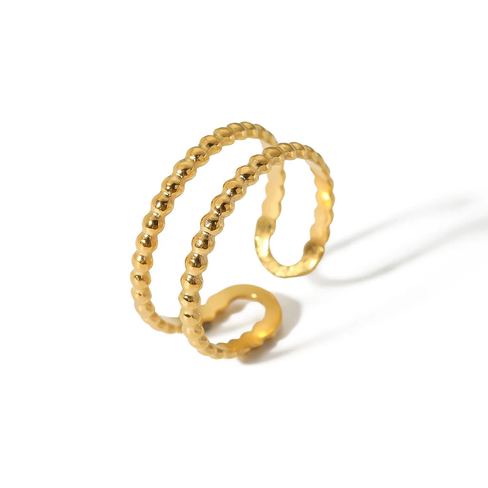Hip Hop Punk Gold Plated Stainless Steel Multilayer Finger Rings Double Layered Bead Open Ring for Women