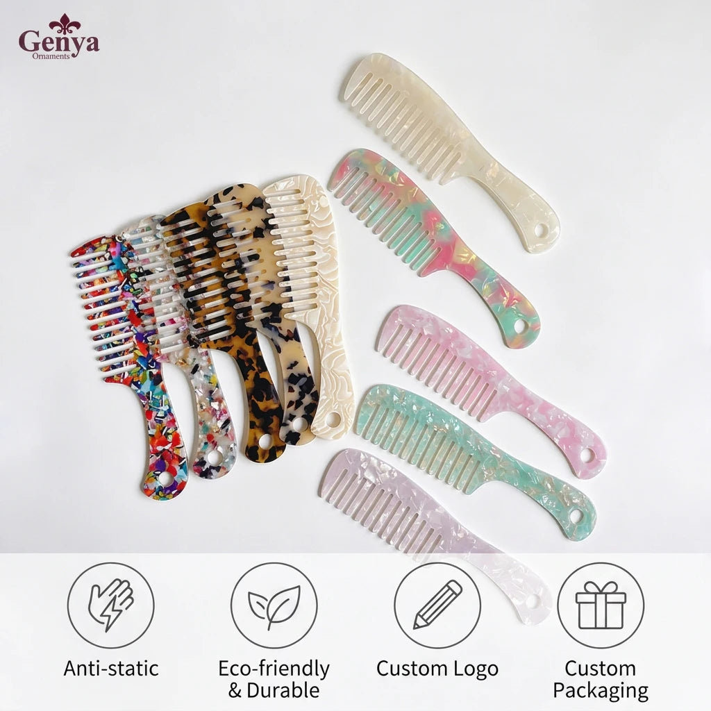 Genya Stylish Acetate Large Size Anti-static Hair Comb Marble Colorful Hair Accessories Tortoise Wide Tooth Hair Comb for Ladies MegaBDM