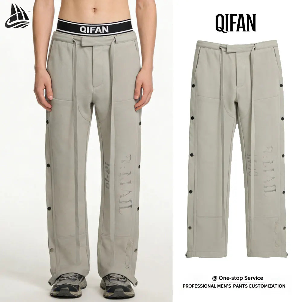 Custom Drawstring Loose Straight Leg Snap Button Hip Hop Streetwear Inelastic Waistband Vintage White Men'S Cargo Pants