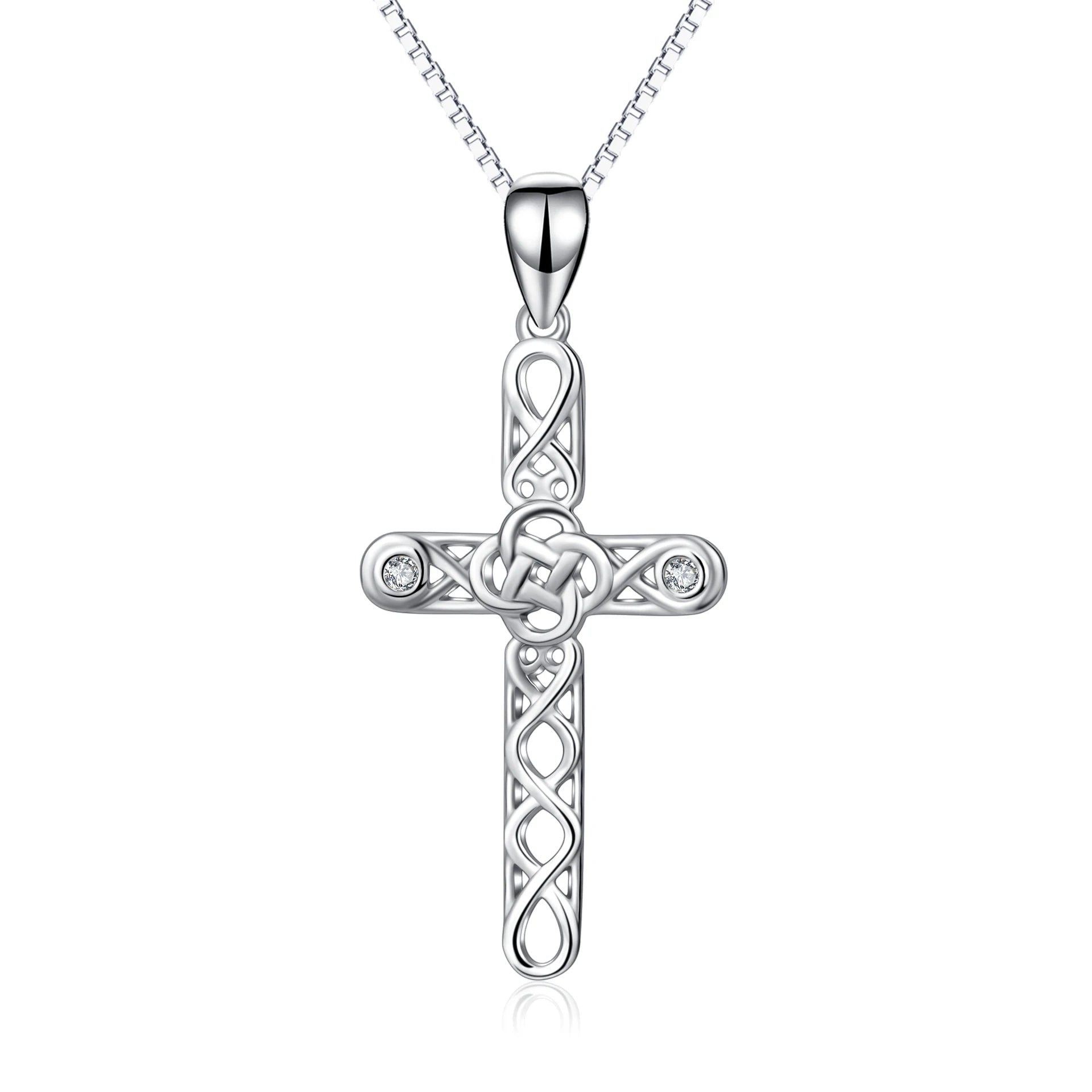 Religious Jewelry 925 Sterling Silver Box Chain Rhodium Plated Cubic Zircon Knot Cross Necklace