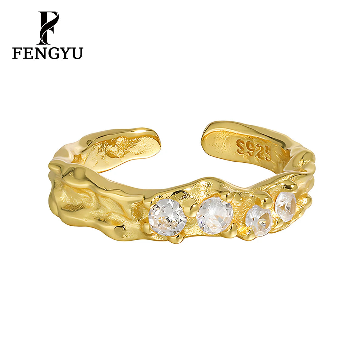 Luxury 18K Gold Irregular Hammered Ring With Zircon for Women 925 Sterling Silver Adjustable Rings Custom Fine Jewelry Wholesale