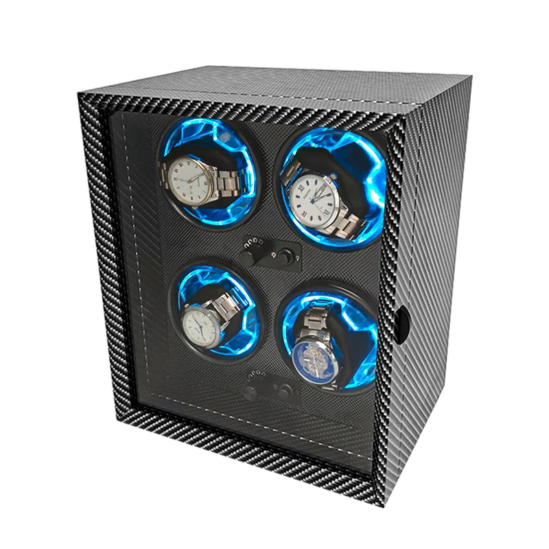 4 Slots  Black Carbon Fiber and Walnut Wood Auto Stop LED Watch Winder Box