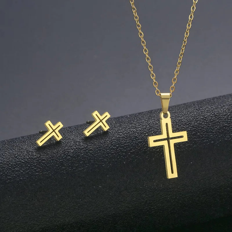 Hip Hop Style Cross Necklace and Earring Set for Women Smooth Stainless Steel Chains Trendy Popular Foreign Trade Jewelry