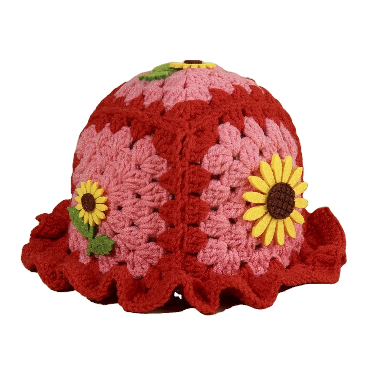 Crochet Bucket Hat for Women Handmade Knit Hats Summer Floral Skull Cap Knit Bucket Hats Girls Floral Applique Crochet Caps