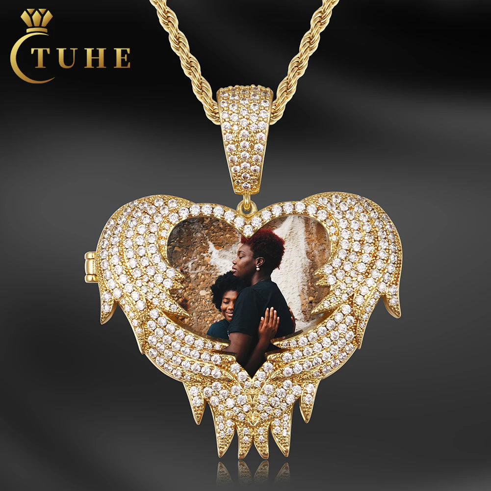 Wholesale Memory Jewelry 50mm Gold Plated Brass AAAAA CZ Diamond Heart Wing Locket Custom Photo Pendant