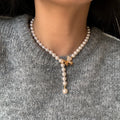 High Quality Brass Gold Plated With Diamonds Bow Knot High Bright Positive Round Pearl Necklace for Women Custom Jewelry