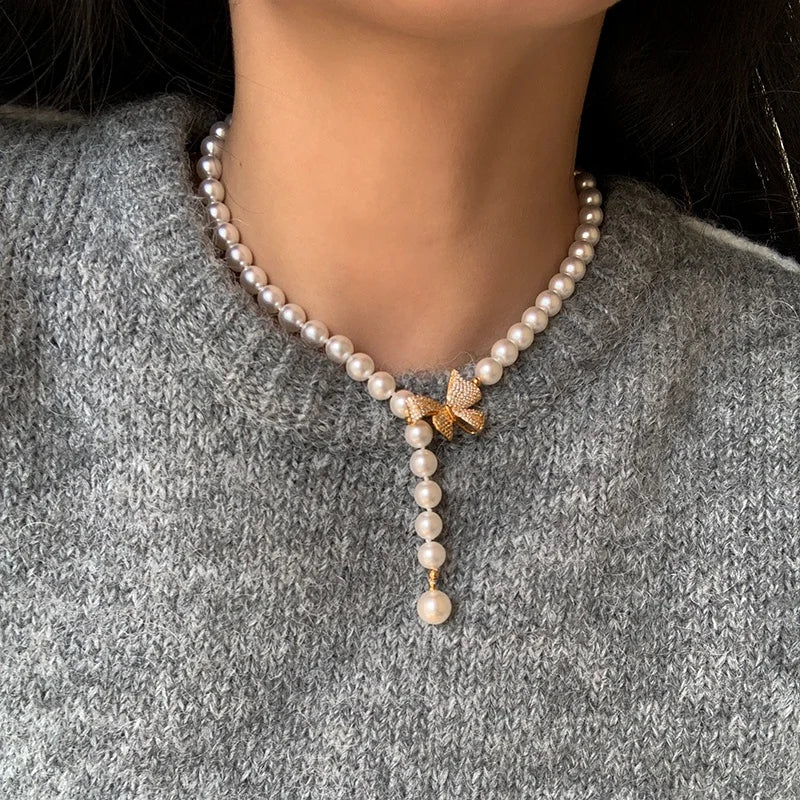 High Quality Brass Gold Plated With Diamonds Bow Knot High Bright Positive Round Pearl Necklace for Women Custom Jewelry