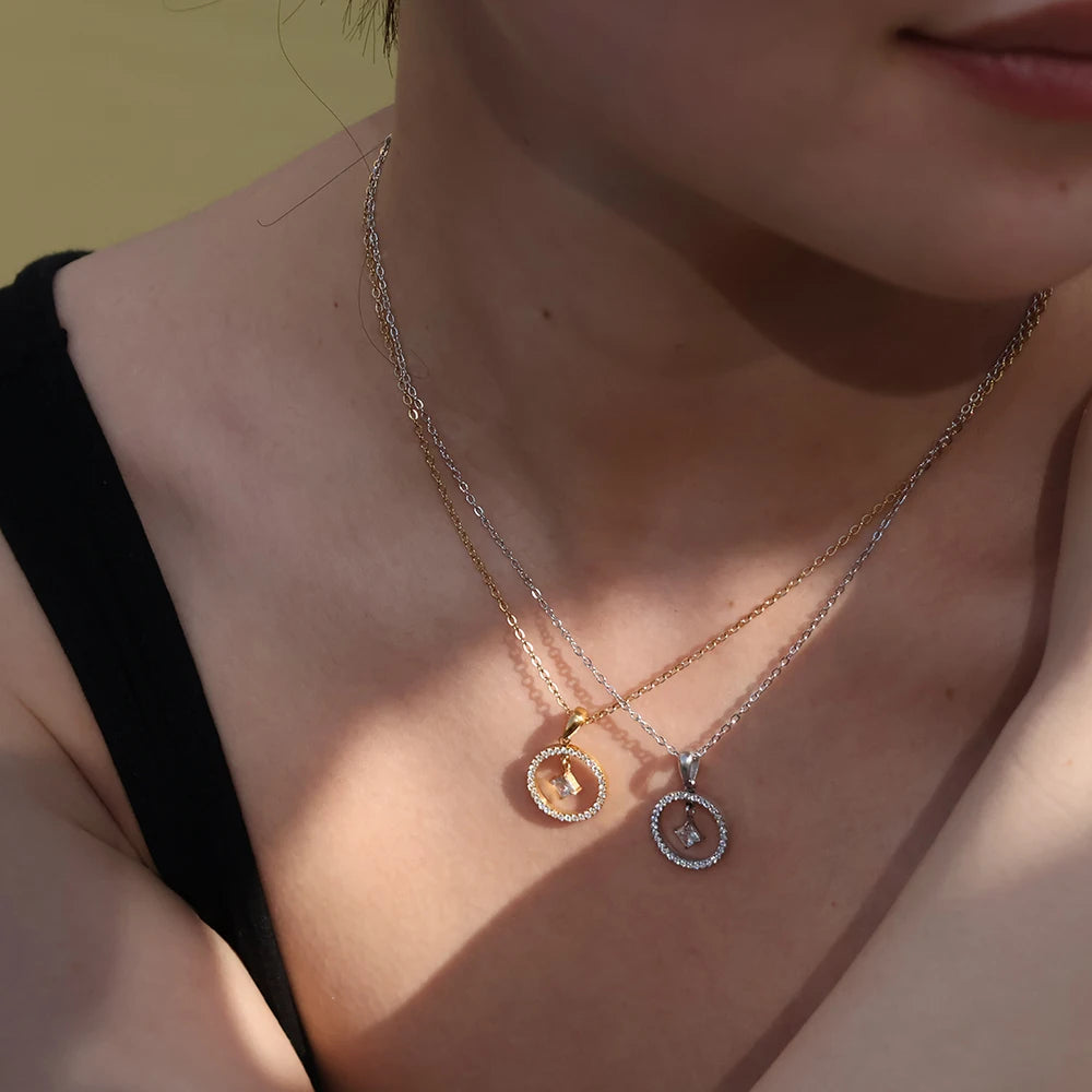Charm Sparkling Geometric Round Zircon Pendant  Necklace Stainless Steel Luxury Hollow Round Diamond Delicate Jewelry