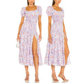 Summer Women High Waist Print Floral Pleated Waist Lace up Side Slit Casual Puff Sleeve Square Collar Long Dress