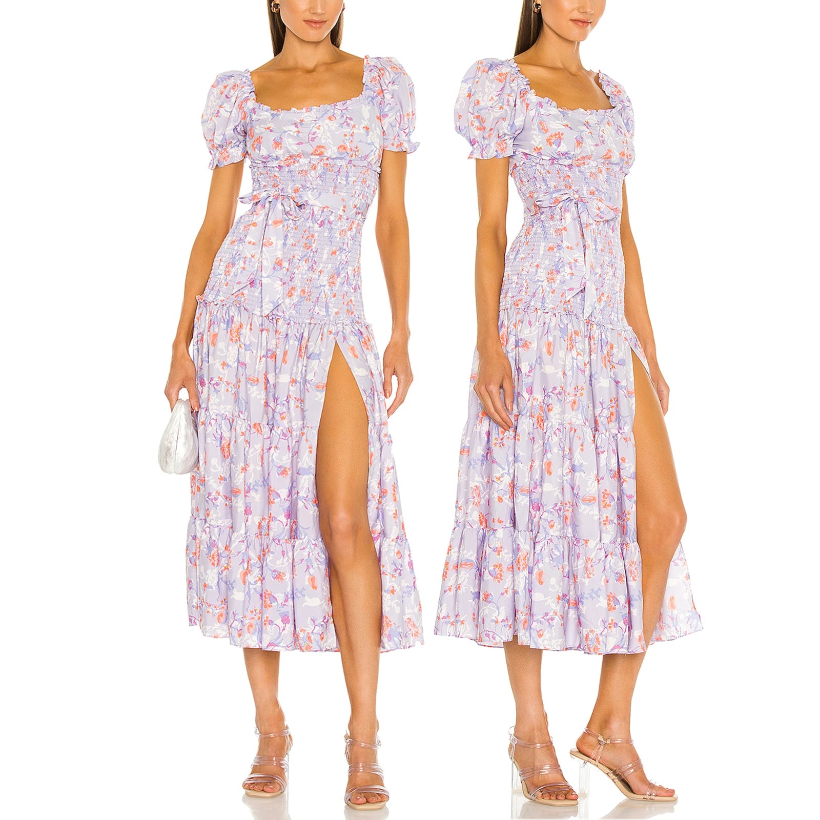 Summer Women High Waist Print Floral Pleated Waist Lace up Side Slit Casual Puff Sleeve Square Collar Long Dress