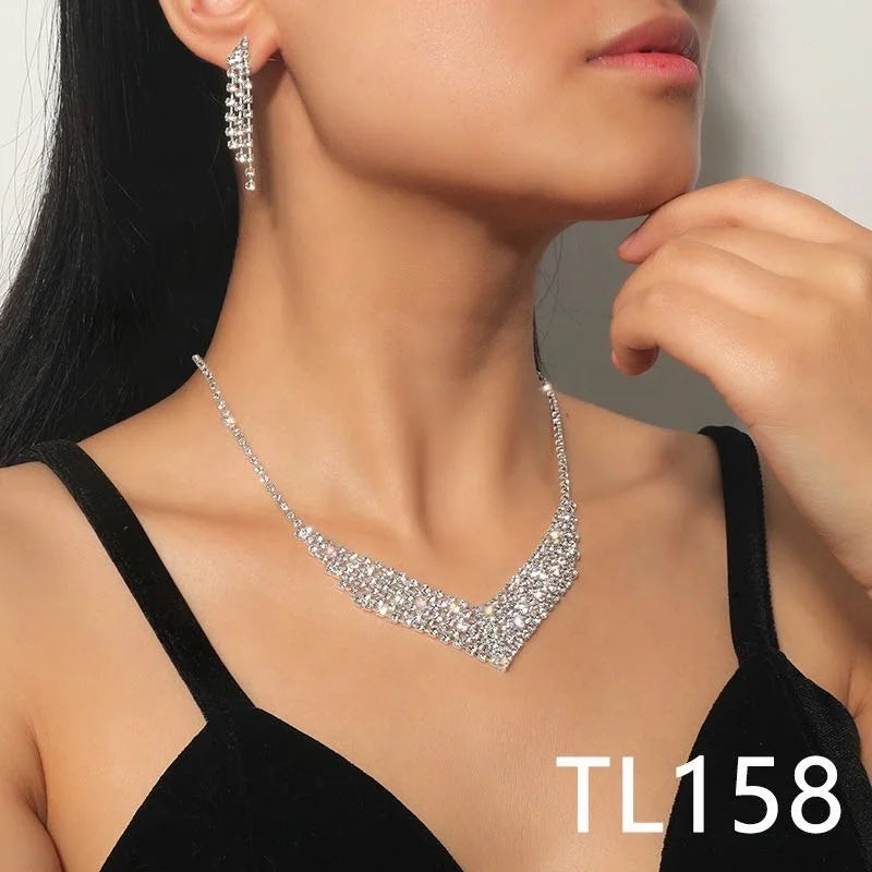 New Vintage Jewelry Set for Women Bling Rhinestone Pendant Necklace Earrings for Wedding Bridal Banquet Party Any Luxury Event