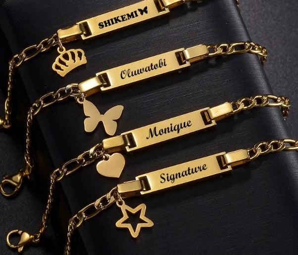 Personalized Children's Name Bracelets Stainless Steel 18k Crown Heart Butterfly Pendant Chain Bracelet Children's Jewelry