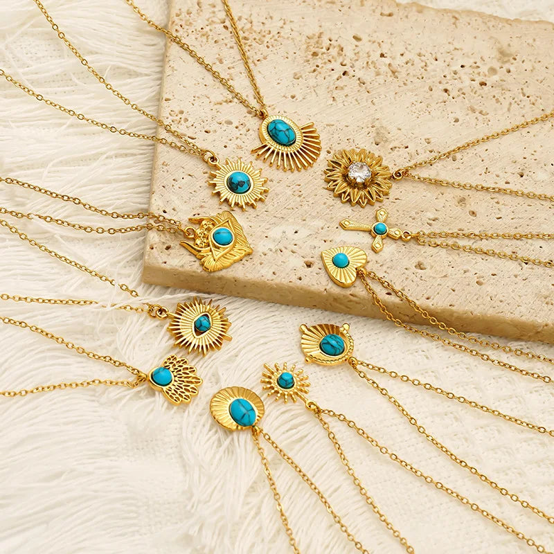 Stainless Steel Trendy Geometric Sunflower Pendant Necklace Link Chain for Women's Turquoise Party Collarbone Jewelry Wholesale