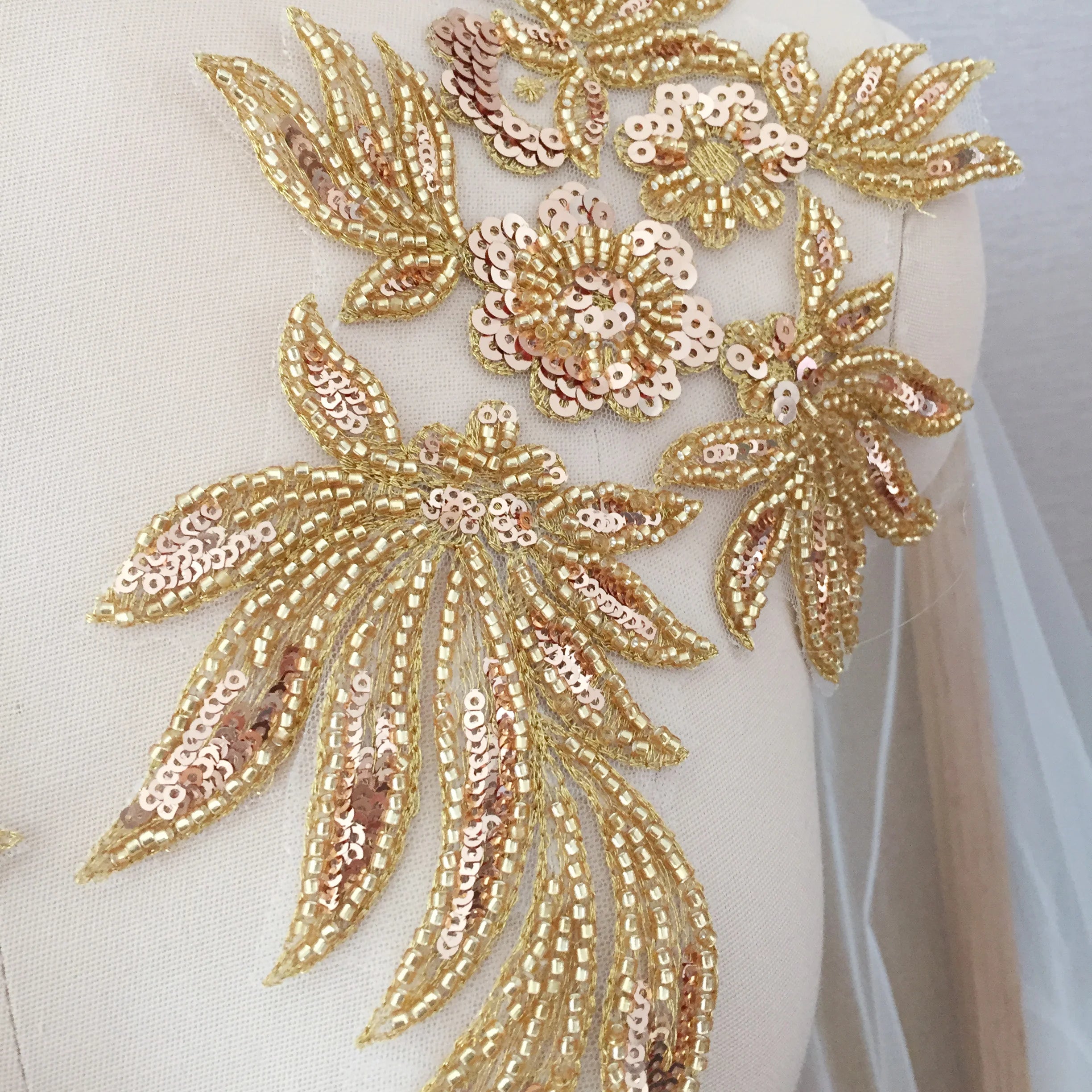New Handmade Gold White Beaded Sequin Embroidered Mesh Lace Patch Bridal Dress Applique Decorative Veil