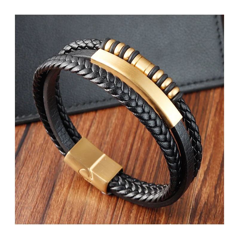 YUNSE Multi Layers Luxury Gold Genuine Leather Bracelet for Male Magnetic Stainless Bracelet Jewelry for Gift Men Bracelet