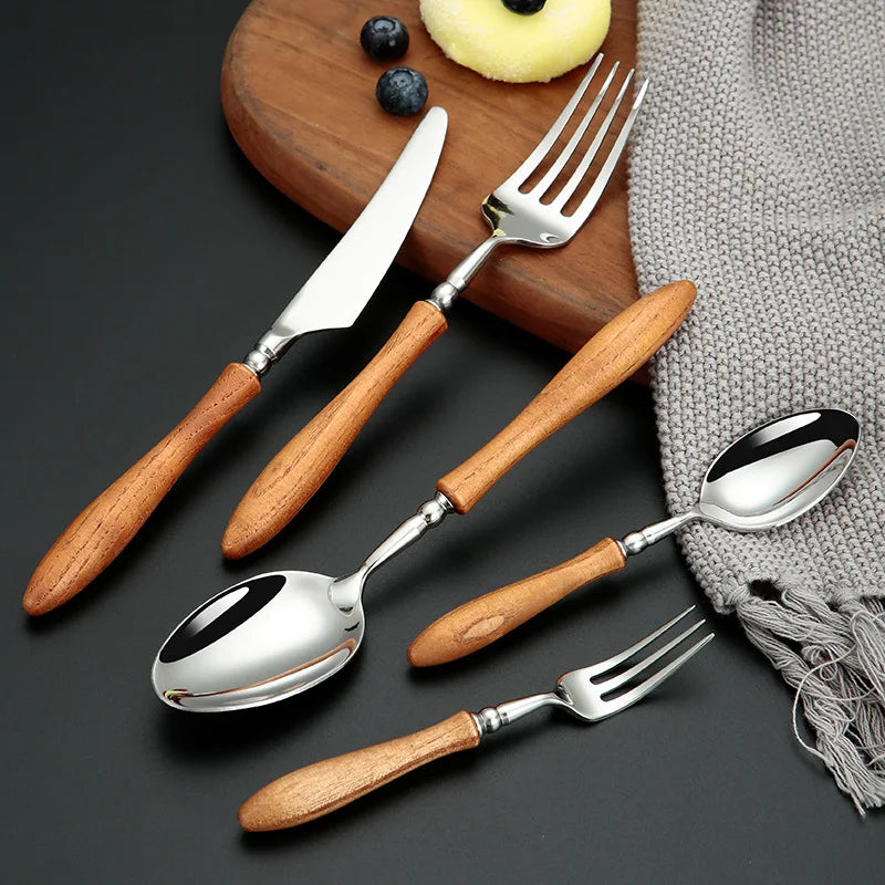 18/8 304 Stainless Steel Fork Knife Spoon Cutlery Set with Wooden Handle