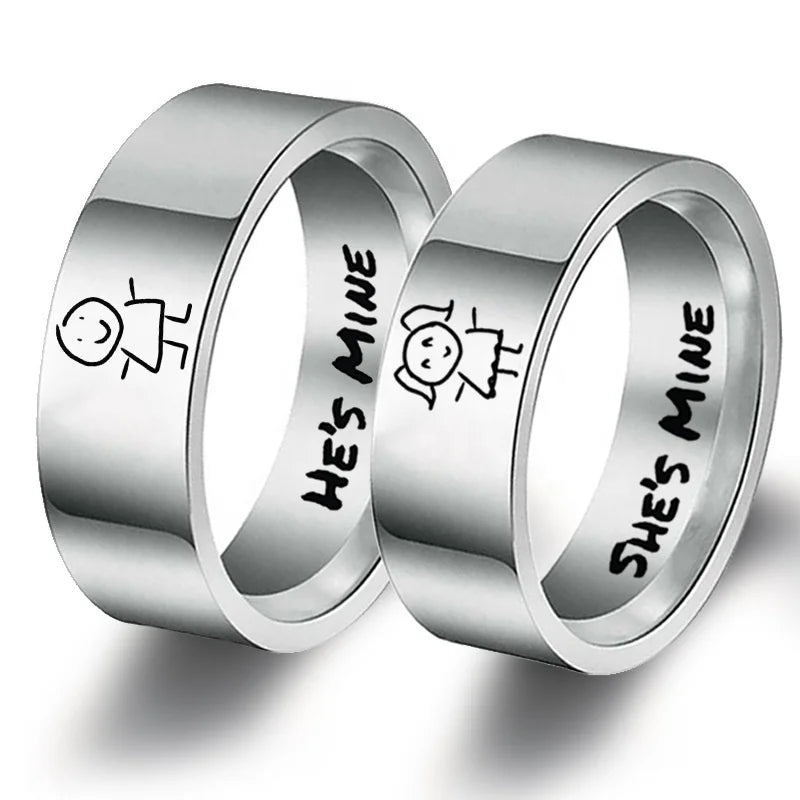 Stainless Steel Finger Ring Engraved with He's Mine/She's Mine Matching Rings Size 6-13 Silver Promise Ring for Couples