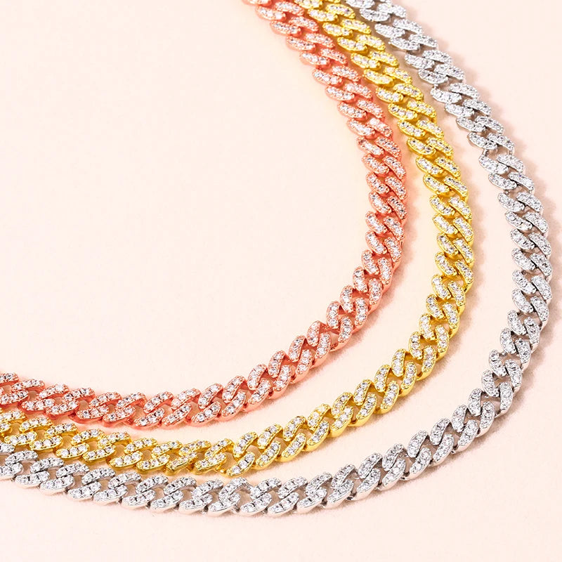 Fashion Jewelry Hip Hop Women's 6mm 18K Gold Plated Zircon Iced Out Thin Cuban Link Chain Necklace