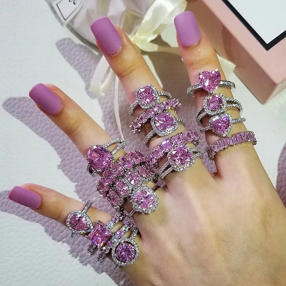 40 Models Sparkling CZ Diamond Stackable Ring Emerald Round Square Teardrop Oval Zircon Heart Princess Cut Pink Moissanite Rings